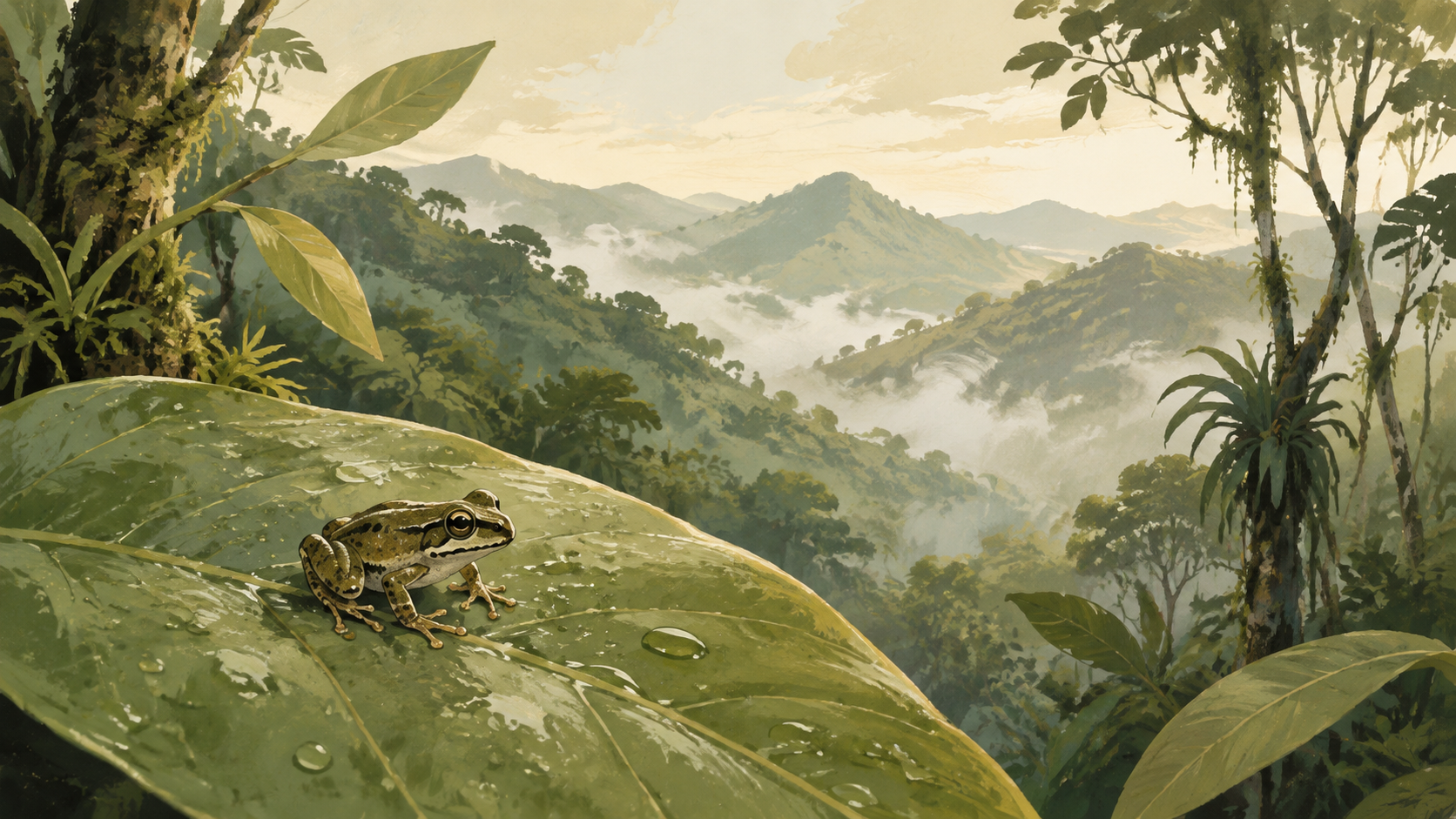 Petite grenouille Pristimantis milpe posÃ©e sur une feuille humide dans une forÃªt du ChocÃ³, avec le piÃ©mont andin en arriÃ¨re-plan