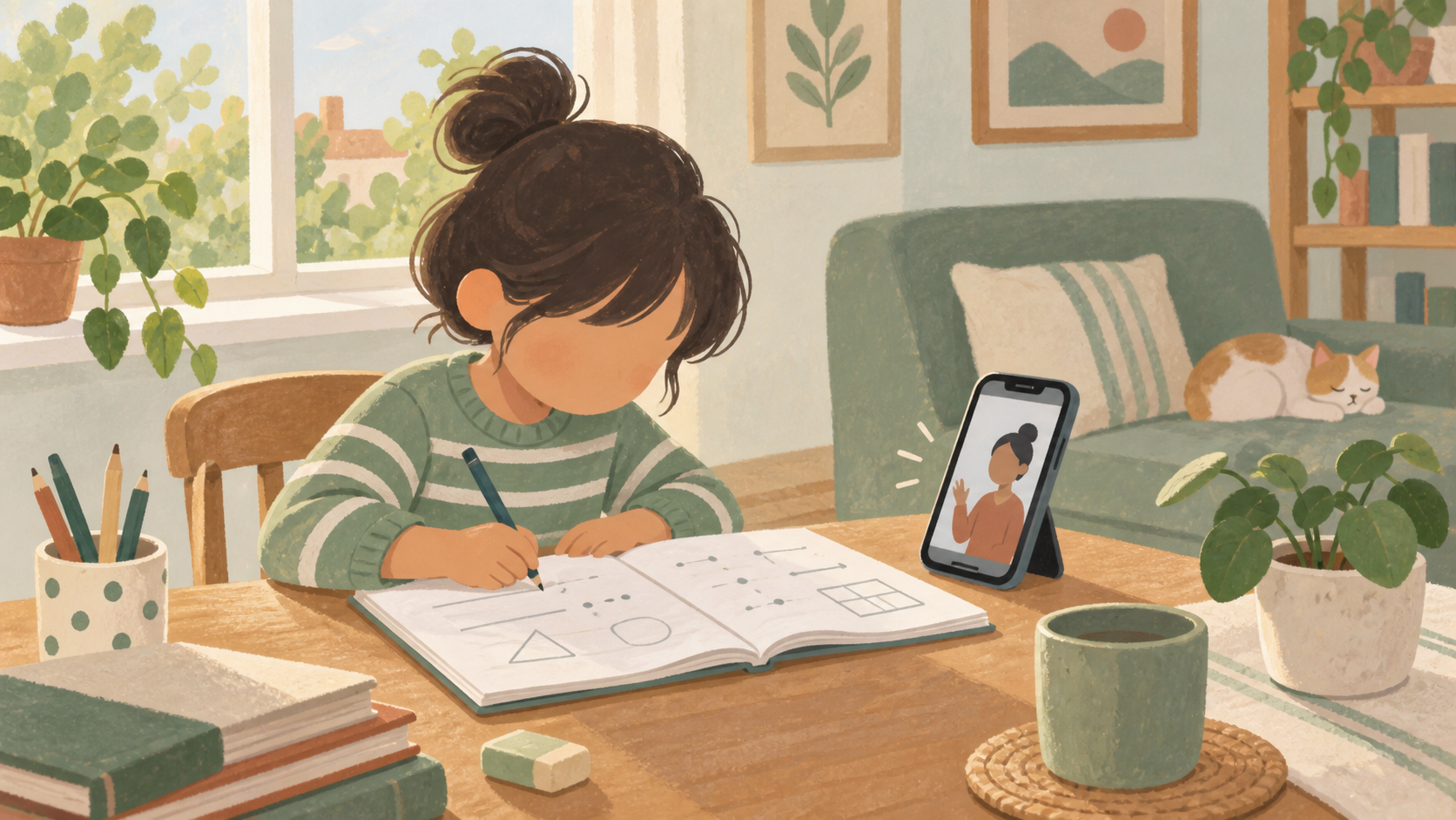 Un enfant travaille sur un cahier de mathÃ©matiques pendant un tutorat par tÃ©lÃ©phone, assis Ã  une table dans un intÃ©rieur simple.