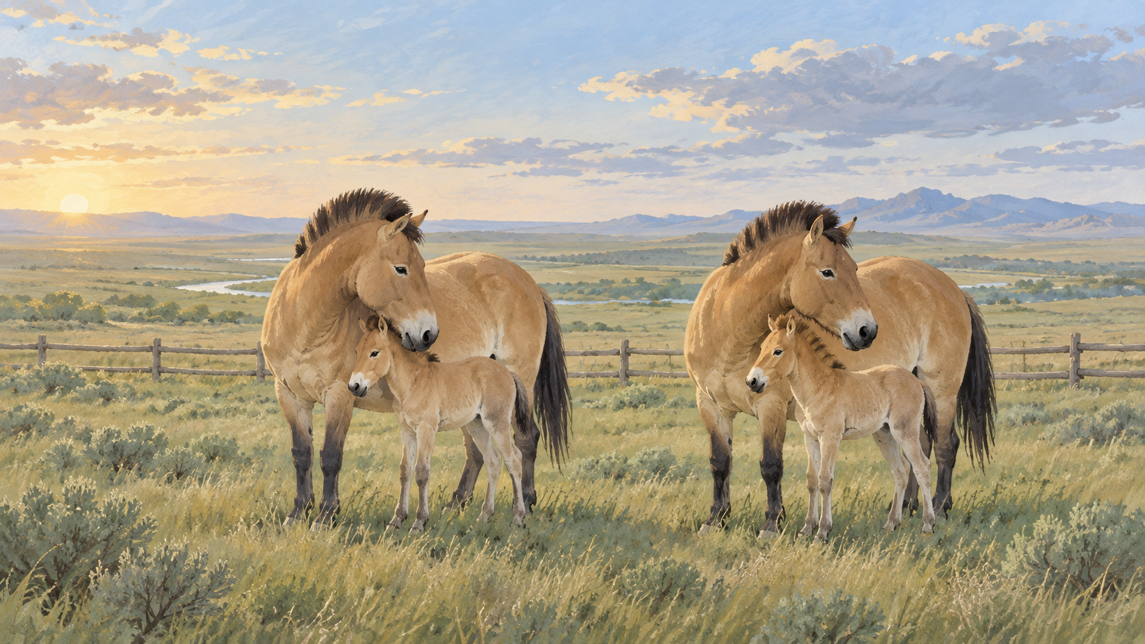 Deux juments de Przewalski et leurs poulains dans un enclos herbeux du centre de rÃ©introduction Alibi, au cÅur de la steppe kazakhe.