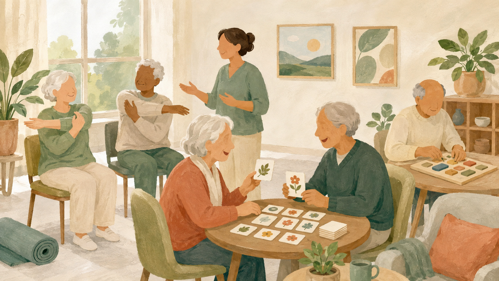 Des seniors participent avec un accompagnateur Ã  une sÃ©ance collective mÃªlant exercice doux, Ã©change social et entraÃ®nement cognitif.