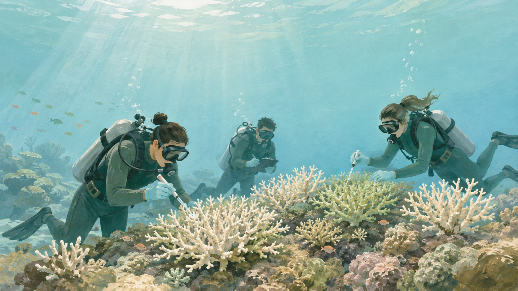 Des chercheurs appliquent sous lâeau un traitement Ã  des colonies dâAcropora blanchissantes sur un rÃ©cif de la mer Rouge.