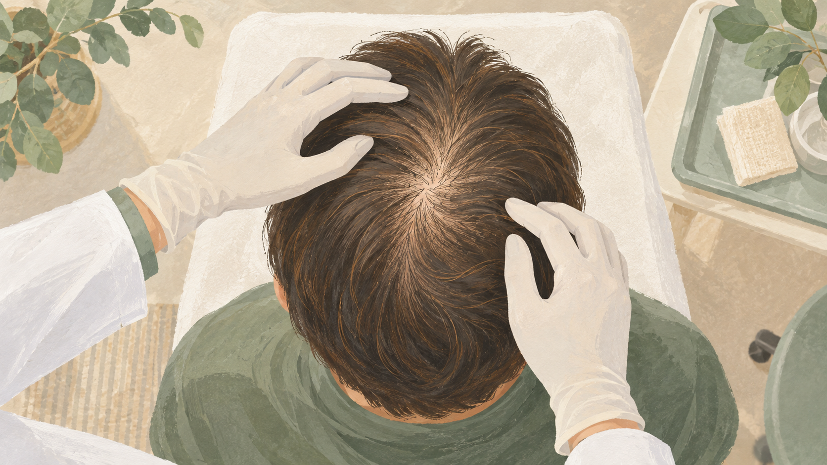 Vue de dessus dâun cuir chevelu prÃ©sentant des zones de repousse, lors dâun examen dermatologique en consultation.