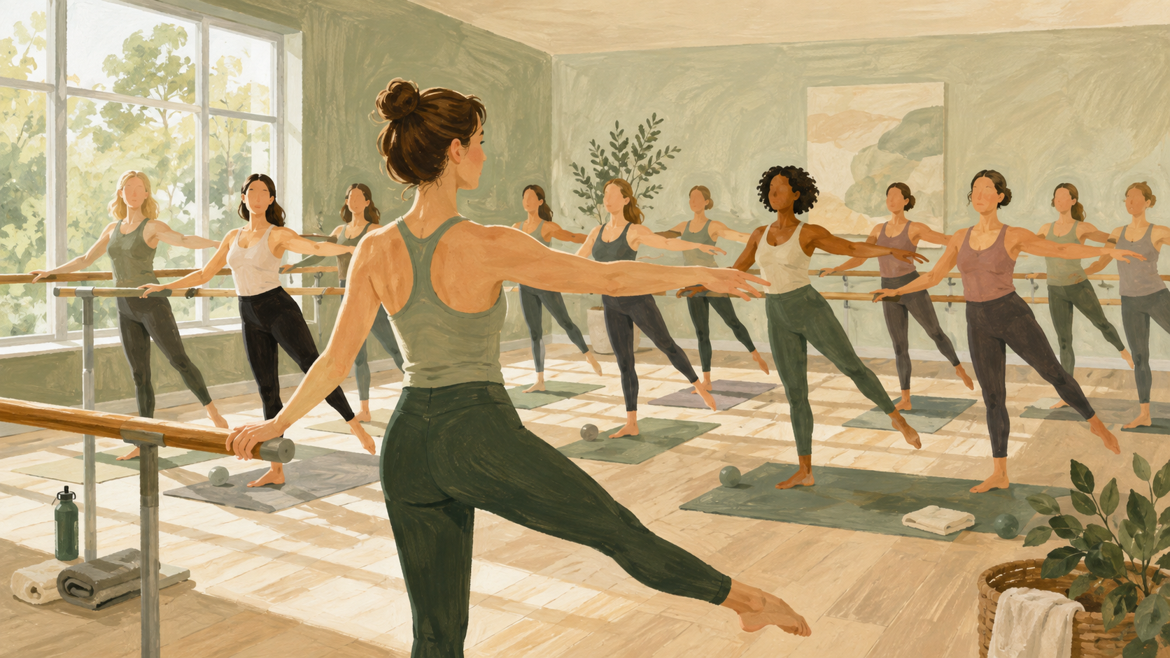 Une jeune instructrice de fitness guide un cours collectif de barre dans une salle de sport Ã  Kaysville, face Ã  un groupe nombreux.