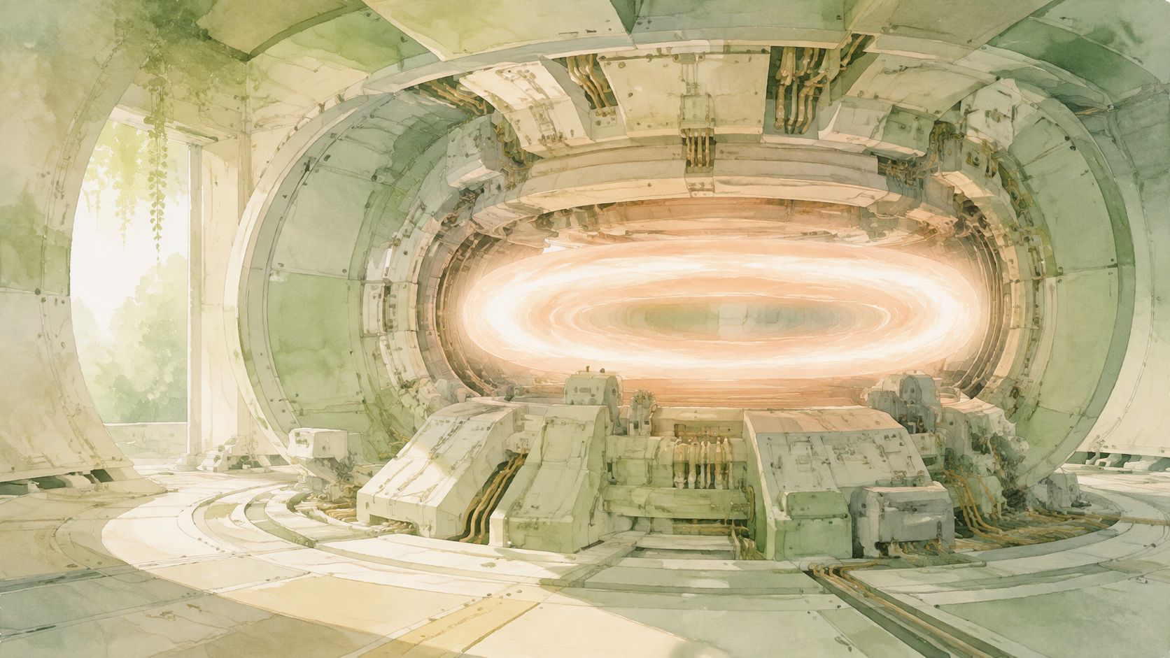 Vue intÃ©rieure dâun tokamak avec un anneau de plasma lumineux et des instruments de mesure autour de la chambre, sans texte.