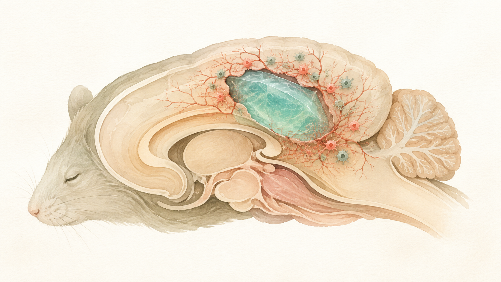 Vue scientifique dâun cerveau de souris aprÃ¨s un AVC, avec un gel injectable dans la lÃ©sion, des microvaisseaux perfusÃ©s et des cellules immunitaires.