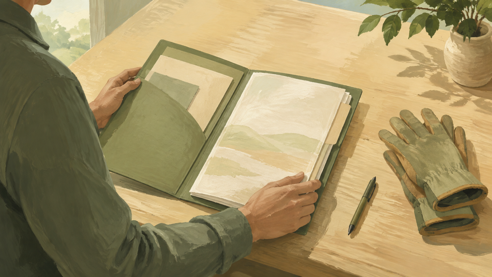 Une personne examine un dossier administratif posÃ© sur une table, prÃ¨s de gants de travail agricole et dâun stylo.